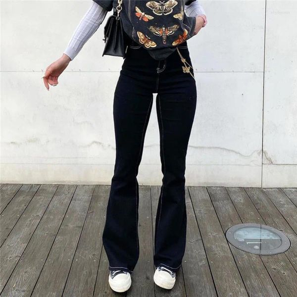 Jeans femininos Mulheres esticadas flare skinny lady retro preto y2k punk calça de patétea alta calça de streetwear long calça