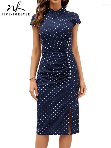 Vestidos de festa Nice-Forever Summer Mulheres Polcas Classy Dots com Button Elegante Vintage Office Bodycon Dress B898