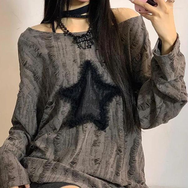 Camisetas femininas y2k grunge hole t-shirt estampa estampa de streetwear rasgada no ombro tops harajuku harajuku kpop de tamanho longo de tamanho longo