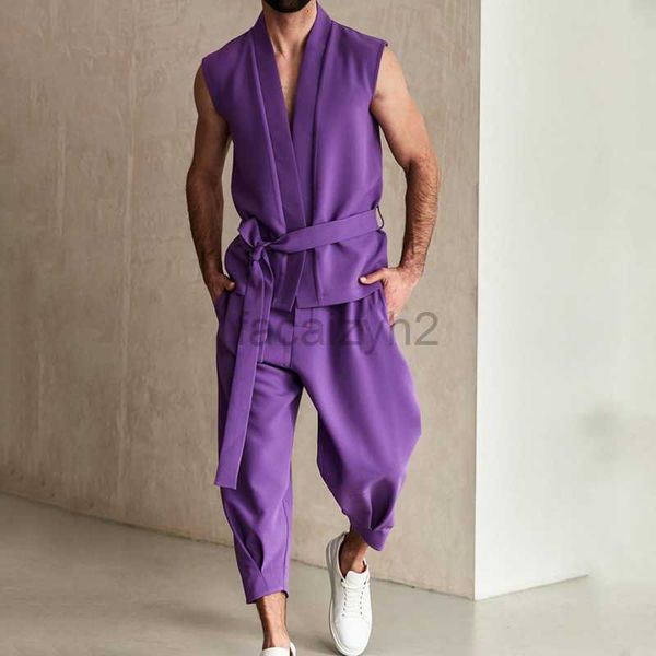 Traccetti da uomo Streetwear Street Street Purple Strap Cardigan Pants Casual Fashion Set a due pezzi per uomini Set di moda