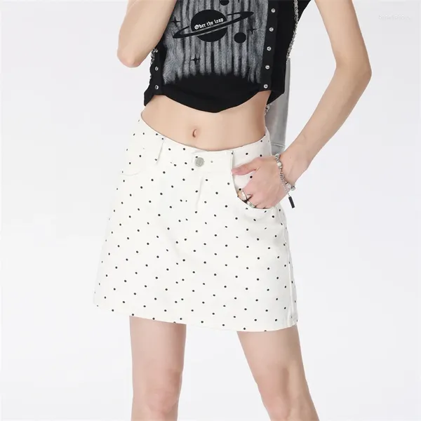 Gonne Summer Fashion White Polka-Dot Gonna a-line per donne che evidenziano la vita alta e una figura sottile