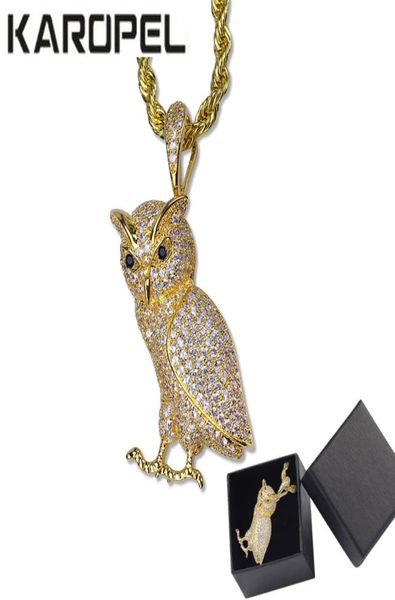 Hip -Hop -Tier Halskette Kupfer Golden Eced Micro Pave CZ Stone Owl Anhänger Halsketten 24quot Edelstahl Seilkette3066627