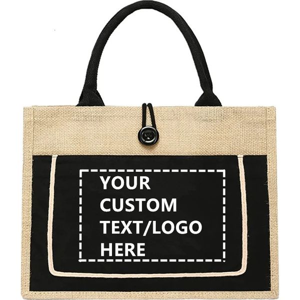 Dinyao Women Custom Jute Shopping Bags Высококачественные персонализированные печать на плечах. Прочная пляжная сумочка 240424