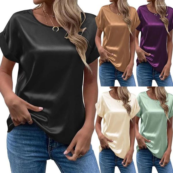 Camas femininas de verão Mulheres Mulheres de manga curta Blusa de cetim de seda elegante camisa de escritório tops ladies casuais túnicos sólidos túnicos soltos blusas soltas