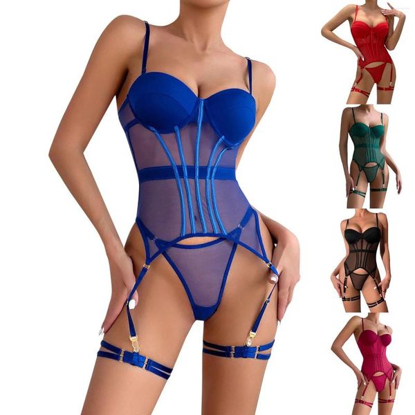 BHs Sets 2pcs erotische Dessous -Set Frauen sexy Unterwäsche Korsett Unterdraht BH und Slipstürme durchsichtigen durch Mesh Tanktops Kostüme