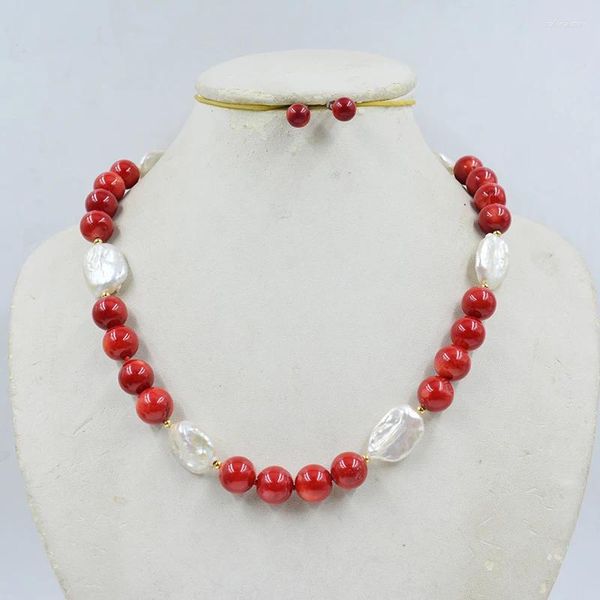 Orecchini da collana set 12 mm Orero di perle barocco a corallo rosso naturale 18 