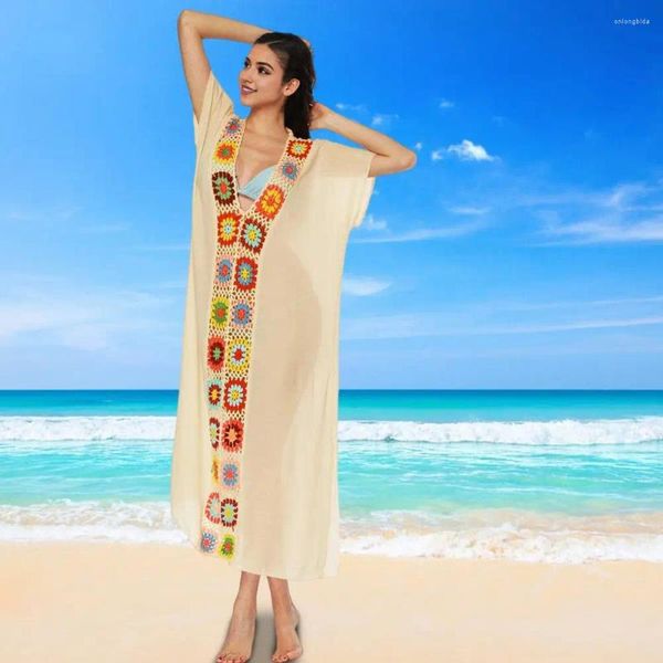 Пляжная юбка Стильное женское вязание крючковые цветочные прикрытие платье для бассейна Vacation V-образное купание с коротким рукавом женщин