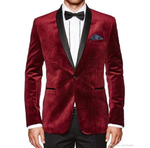 Burgund Velvet Men Suits für Abendparty Neuer Mantel Schwarzer Schal -Revers zweiteiliger Hochzeitstuhltuxedos Jacke 9404909