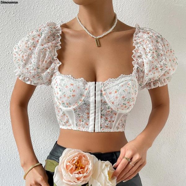 Kadın Tankları Kadın Çiçek Nakamı Örgü Budier Crop TOP PUFF KOLLUKLARI İLE YAZ KORSETİ ÜST Y2K GECE KULÜP KAYGI PARTİ