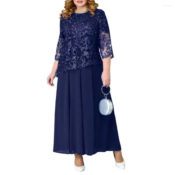Lässige Kleider plus Größe langes Kleid elegante Spitze Maxi mit floralen Stickereien drei Viertelärmel O Hektik Frauen zweiteilig