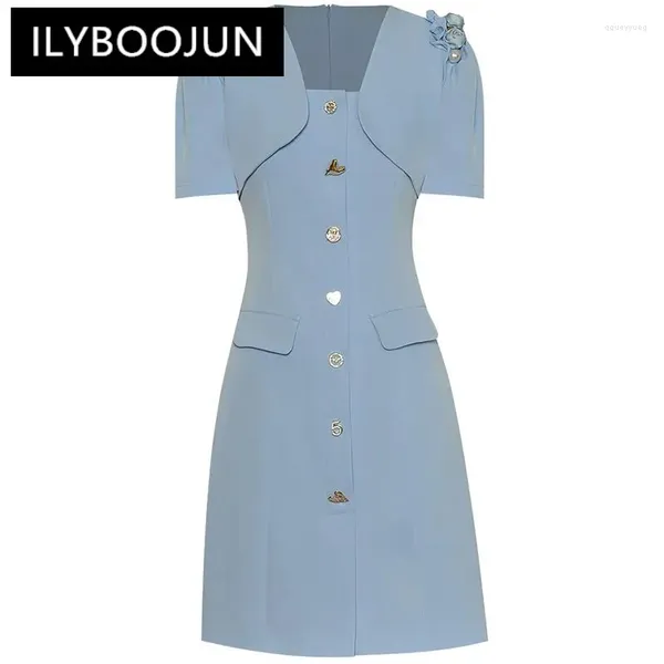 Abiti per feste Ilyboojun Designer Designer Dresser Summer Women's State Bottoni a maniche corte Slim Blue