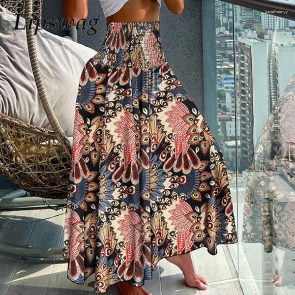 Saias 2024 Temperamento Elastic High Swing Long Long All Match Pleat Meiod Vestes Padrão Vintage Print Women Bohemian Skyt