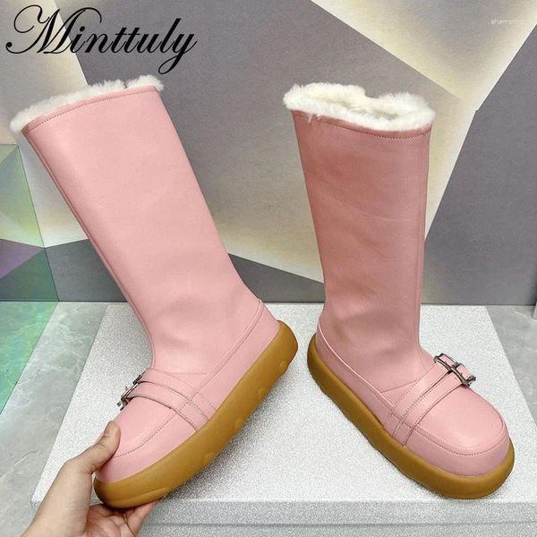 Botas de neve do joelho rosa com fivela de fivela de pêlo de pêlo de pêlo de inverno sapatos de isolamento externo caminhada para mulheres