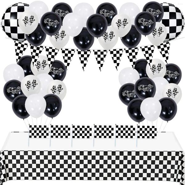 Party Decoration Racing -Thema Schwarz -Weiß -Schachbrett -Netzballon Tischdecke Set Dreieck Flagge Banner Let's Go Decor Supplies