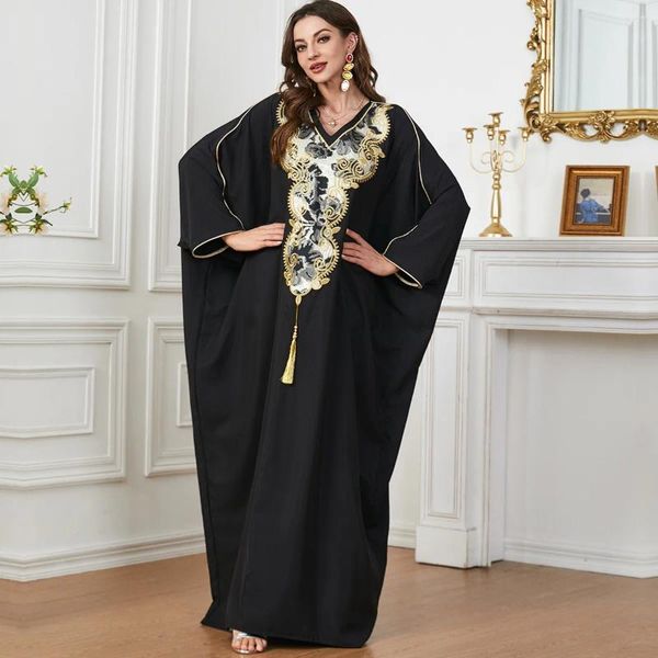 Vestidos casuais vestido de bordado sólido de bordado árabe vestido muçulmano borla dubai abaya paquistão peru islamlamento maxi para mulheres manto