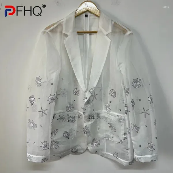 Abiti da uomo PFHQ Prospettiva di stampa organza Blazer dipinti a mano Design avanzato Summer Protezione solare Giacche maschili 21Z4545