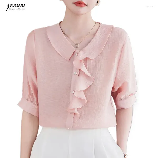 Frauenblusen naviu rosa Hemd elegante Frauen Sommer Rüschen Kurzarm Casual Lyocell Office Ladies Arbeit Mantel Tops Weiß