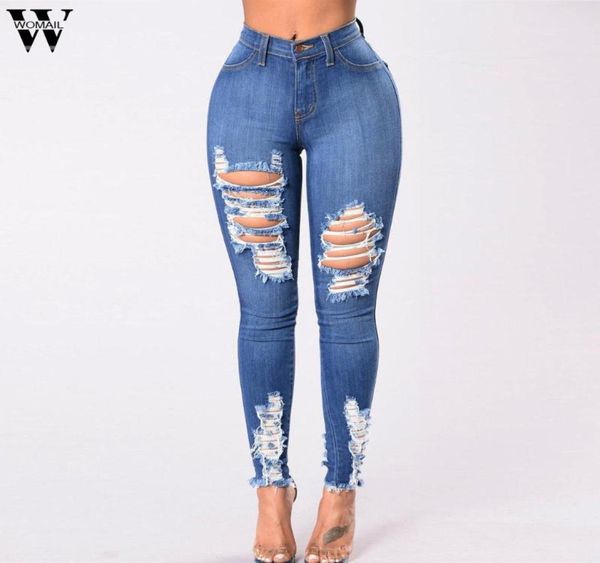 Womail 2019 jeans strappato da donna pantaloni magri pantaloni lavati con cerniera ad alta cerniera blu casual fori pantaloni tasche a tasche jeans9110239