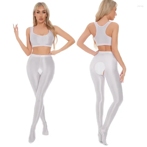 Donne calzini sexy olio di raso glossici leggings white white vedono attraverso pantaloni da yoga a collant a cavallo aperto