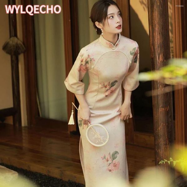 Ethnische Kleidung Pink Cheongsam Frauen 2024 Verbesserte Qipao Frühlings -Vintage -Wildleder -Junges Mädchen 3/4 Ärmel lange Kleider