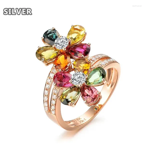 Ringos de cluster Sete cores Lucky Flor Shine Fashion Ring Multi-Color Lovely Zircon Rhinestone Rose Gold Wedding Party Diamond Diamond
