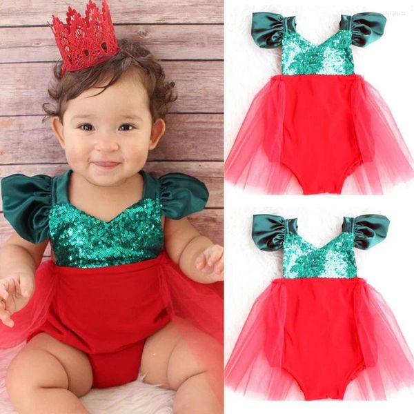 Mädchenkleider Weihnachten Baby Tulle Paillettenbling Bodysuit Kleid Babys Mädchen Rückenlessem Cross-Gurt Jumpsuit Sonnenanzug Outfits Kostüm 0-36m