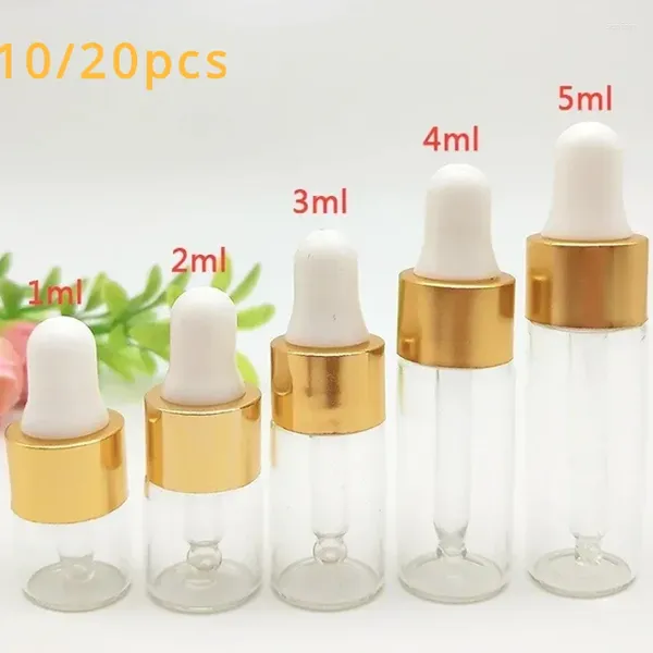 Bottiglie di stoccaggio 10/20pcs Mini gocce vetro olio essenziale vuoto 1 ml 2 ml da 3 ml 5 ml pipette con cappuccio dorato