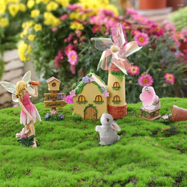 Gartendekorationen 7pcs/Set Mini Fairy Windmill Schuppenkunst Skulptur Außenerdes Dekoration Haus Cottage für PA