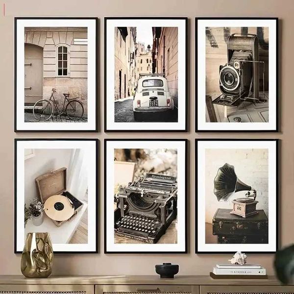 Allpaper Retro Camera Record Player Fahrrad Fahrrad Schreibmaschine Auto Bild Leinwand Malerei Wandkunst -Szene Poster und Druck für Wohnkultur J240505