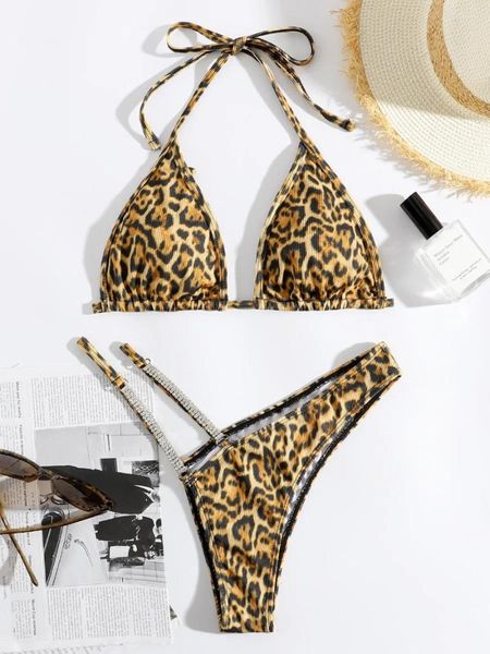 Kadın Mayo Leopar Baskı Pırlanta Bikini Takım INS Stil Seksi Split Mayo Tatil Plajı Sevimli Sıkı