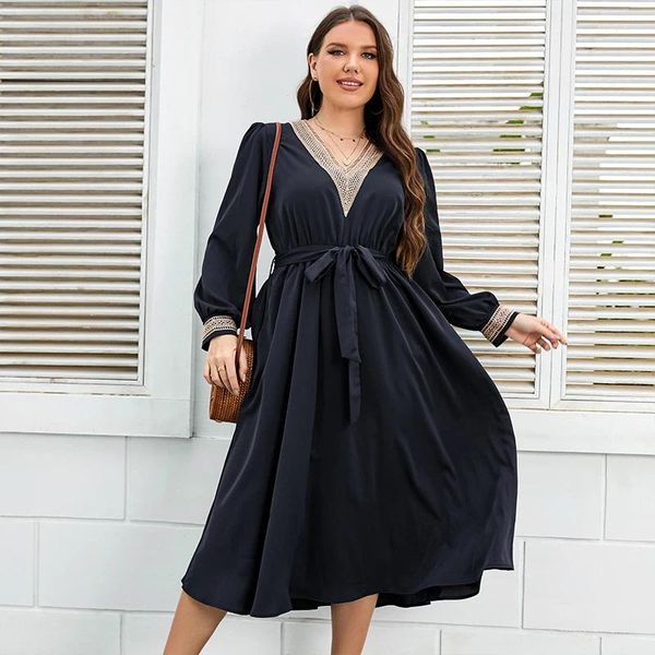 Vestidos de tamanho plusar Roupas Urban Office V Neck Bishop Mulheres com cinto da primavera O outono da rua elegante A-line Oversize Casual Maxi