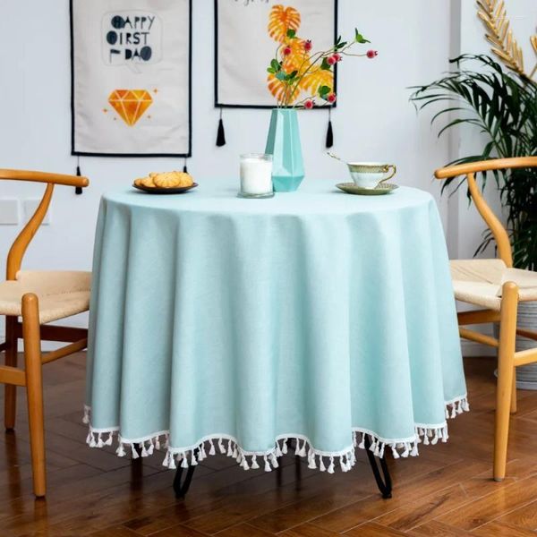 Panno tavolo solido di colore grande tovaglia rotonda in pizzo ristorante a prova di polvere semplice tappetino in lino di cotone blu