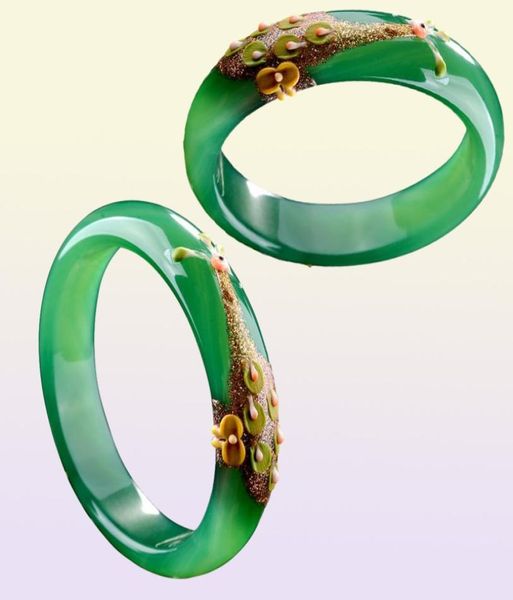 Bracelets verdes naturais Desenho colorido Pavão e pulseiras de flores Bangles Gift For Women Jades Jewelry9229266