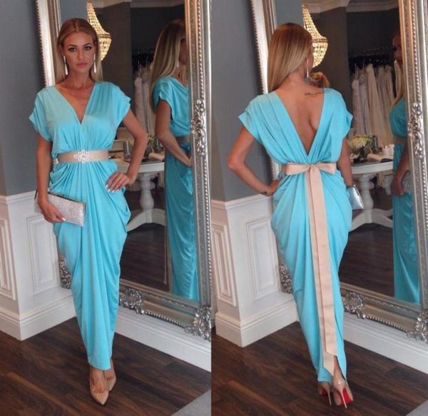 Blaue Scheide Abschlussballkleider bescheidene Falten Cap Sleeves Deep v Hals Chiffon Abendkleider mit Schärfenbug Knöchel Länge Rückenlose Party G1626571