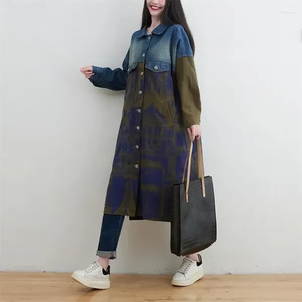 Giacche da donna jean giacca per donne 2024 primaverila autunno patchwork stampato a bavero singolo petto lungo trench in denim abbigliamento