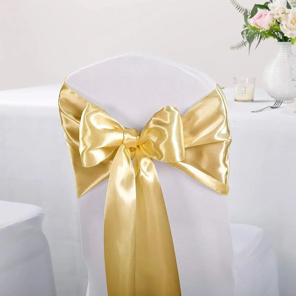 10pcs 17x275cm Altın Saten Sandalye Sashes Bows Sandalye Düğün Ziyafet Partisi Bebek Duş Etkinlik Dekorasyonları için Kapak Şeritleri 240430