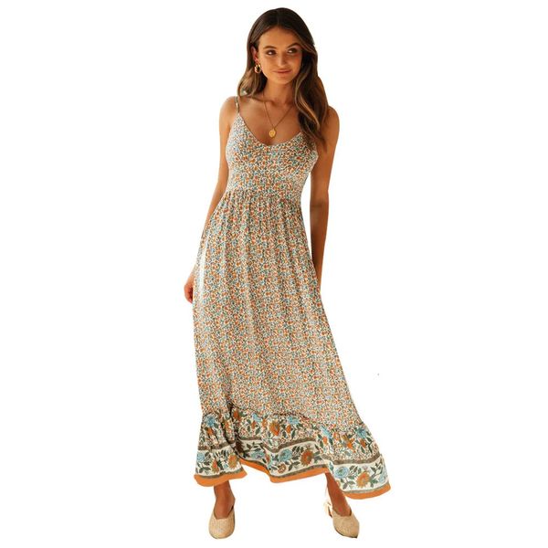 Sommer großer Schaukelrock asiatische europäische und amerikanische Frauenkleidung Bohemian Vneck Hosenträger Blumenkleid 240419