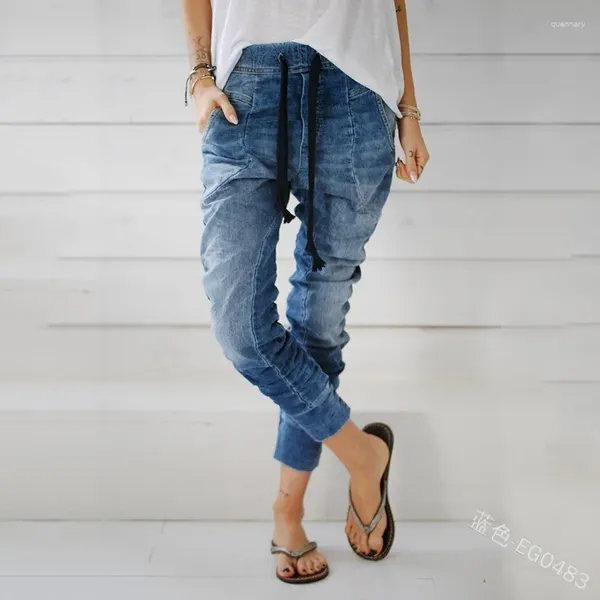 Jeans femminile vintage puro color haren pantaloni scambiati scambiati da donna alla moda casual allaccia in filo blu lungo denim