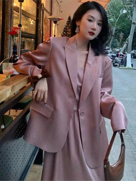 Çalışma Elbiseleri 2024 Kadın İki Parçalı Saten Set Vintage Ofis Lady Bekar Kesilmiş Çentikli Blazer Strapless Party Elbise Takım Sokak