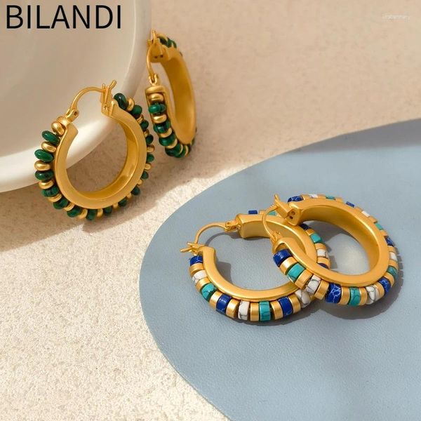 Brincos de argola Bilandi Retro Jewelry Multi Color Stones Design de luxo Rodada de metal de latão de alta qualidade para mulheres 2024