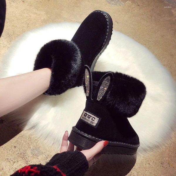 Bot ayak bileği kadınlar için siyah 2024 kış ayakkabıları sıcak yuvarlak ayak parmağı gündelik kadın kar bot kulakları sevimli düz moda