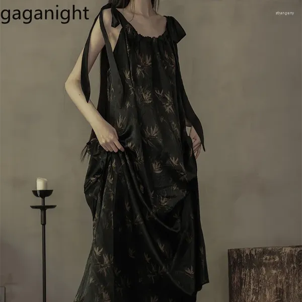Lässige Kleider Gaganight Frauen chinesischer Stil Einfacher langes Essigsäurekleid 2024 Sommer Bambus gedruckt lose Falten gebunden