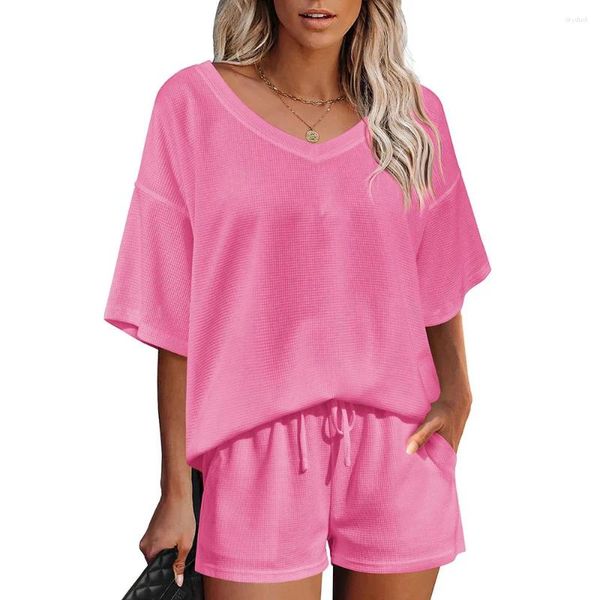 Trechsuits femininos sets curtos casuais Mulher Summer Halve Sleeve Loose V Camiseta de pescoço e calça serve rosa 2 peças Mulheres roupas 2024