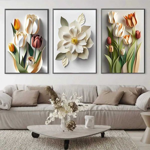 LPAPERS Nordic einfache Ästhetik Wandkunst 3D Blumen HD Öl auf Leinwandplakaten und Drucke Home Schlafzimmer Wohnzimmer Dekoration Geschenke J240505