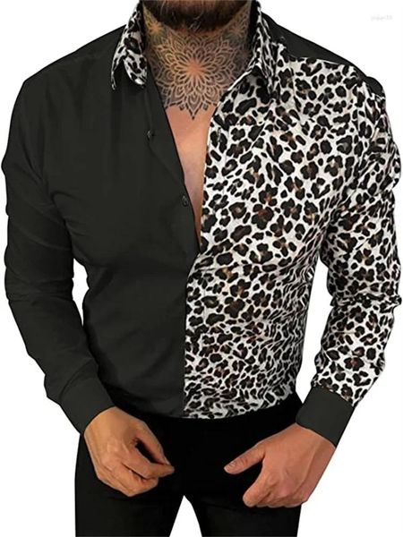 Erkek sıradan gömlekler 2024 moda retro leopar baskı hayvan düğmesi uzun kollu gömlek s-6xl boyutu siyah beyaz