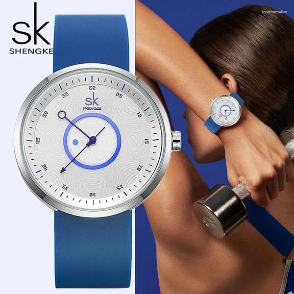 Avanadores de pulso Shengke Women Women observa Blue Silicone Strap Strap Woman's Quartz WristWathches Design 41mm Big Dial Relogio feminino