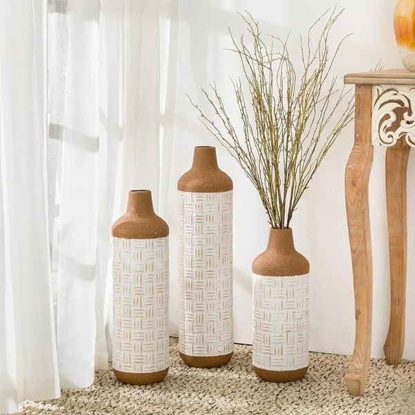 Vaso per pavimenti per decorazioni set di 3 alte texture Terra Cotta Vase di fiori in metallo per fiore artificiale essiccato grande vaso di metallo della fattoria 240422 240422