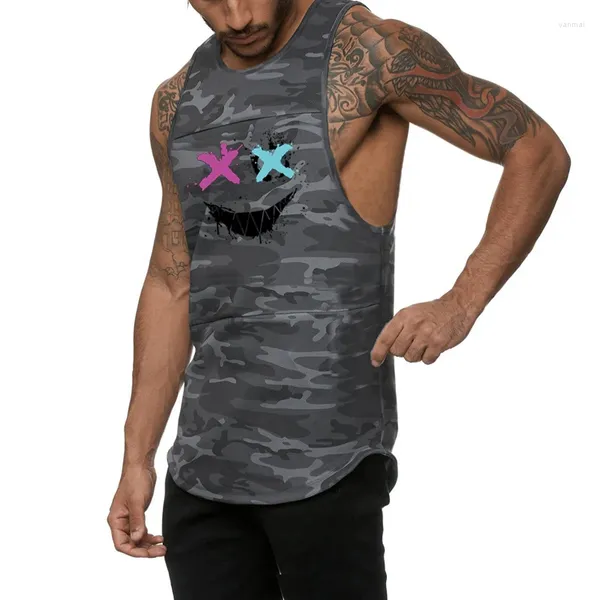 Tanque de tanques de homens camuflagem malha respirável rápido camiseta de camiseta de ginástica fitness muscular muscular fria sensação de homens que executam esportes singlets