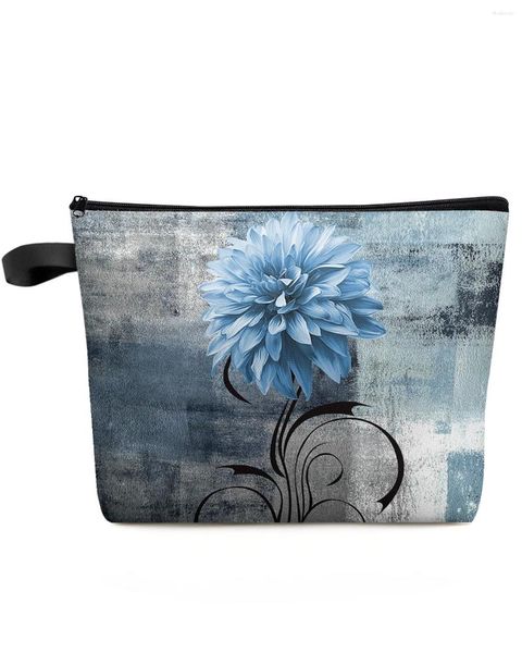 Bolsas de cosméticos dahlia pintura a óleo textura abstrata planta flor azul saco de maquiagem portátil bolsa de armazenamento feminino gabinete de lápis à prova d'água