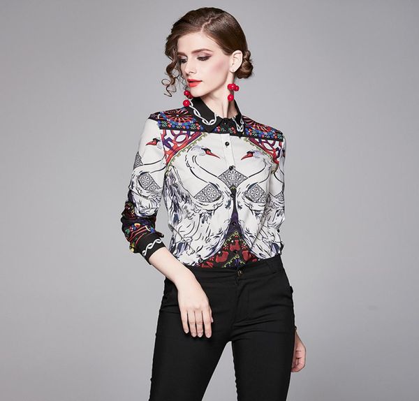 2020 bedruckte Casual Button Shirts Frauen Mode Langarm Laderal Hals Ladies Hemd Blusen elegantes Büro Slim Designer Shirts Tops7767570